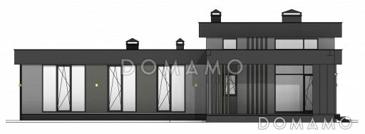 Проект одноэтажного дома с крытой террасой, объединенной кухней-гостиной-столовой, детскими, кабинетом / Фасад 2
