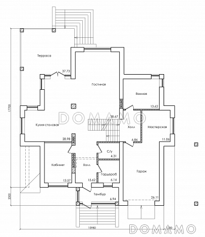 Проект особняка в трех уровнях, с комнатой отдыха на чердаке, с мастерской, гаражом и навесом под автомобиль / План 1 этажа Проект особняка в трех уровнях, с комнатой отдыха на чердаке, с мастерской, гаражом и навесом под автомобиль / План 1 этажа