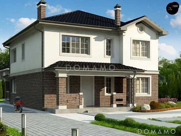 Проект загородного дома в классическом стиле с просторной гостиной, террасой, кладовой на кухне, двумя санузлами на втором этаже