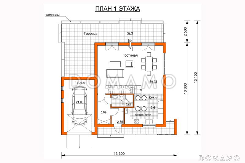 Проект современного дома с гаражом на одну машину, открытой террасой, просторной гостиной, широким балконом над гаражом / План 1 этажа