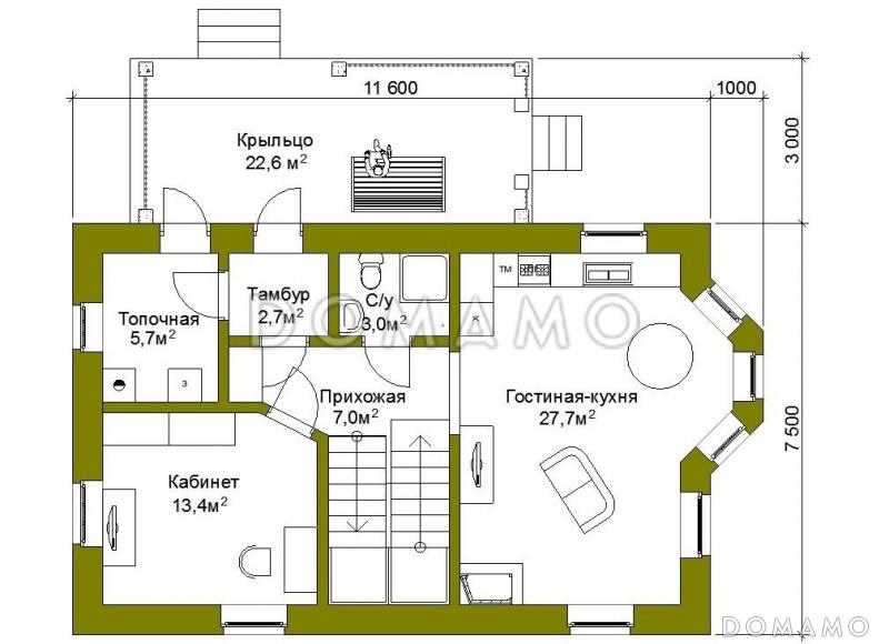 Проект компактного коттеджа с штукатуркой из SIP панелей. / План 1 этажа