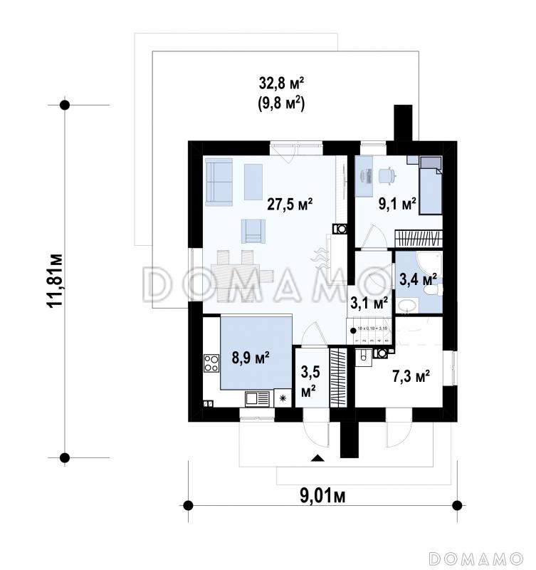 Проект дома с террасой, балконами, ванной с окном / План 1 этажа