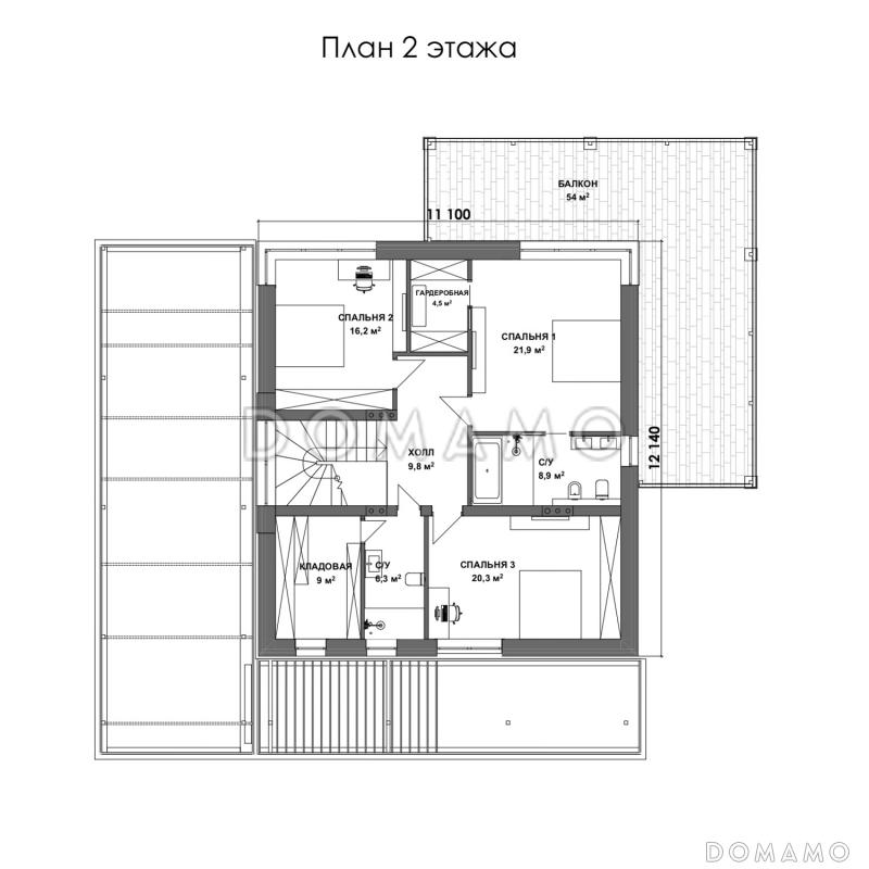 Проект двухэтажного дома с мастер-спальней, балконом и большой крытой террасой / План 2 этажа