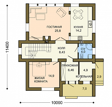 Проект лаконичного коттеджа с массивной каменной стеной крыльца / План 1 этажа Проект лаконичного коттеджа с массивной каменной стеной крыльца / План 1 этажа