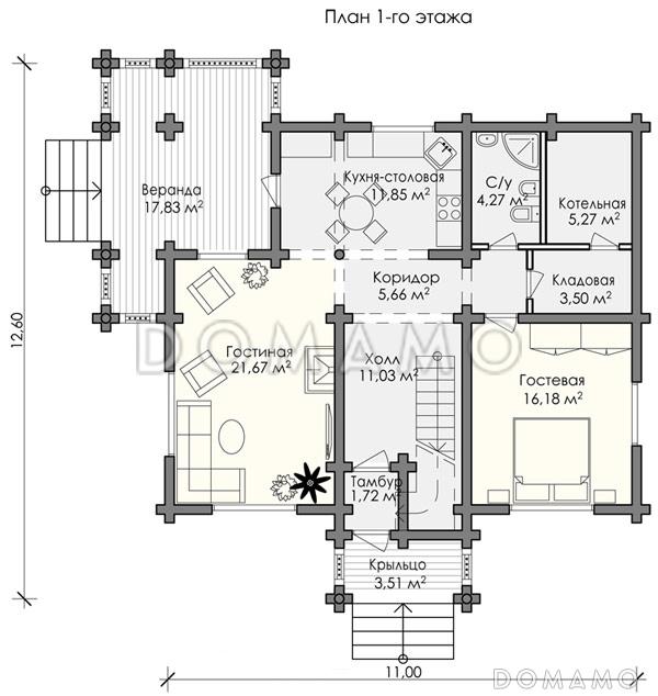 Проект дома  с 4 спальными комнатами, санузлом и небольшим балконом на мансардном этаже / План 1 этажа