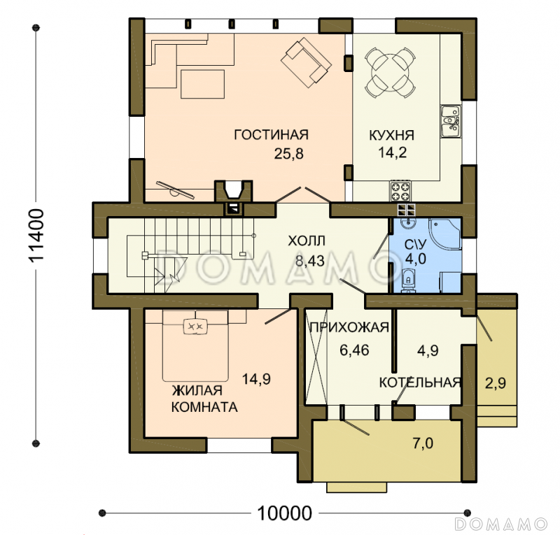 Проект лаконичного коттеджа с массивной каменной стеной крыльца / План 1 этажа