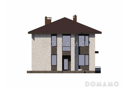 Проект двухэтажного дома с двумя мастер-спальнями, комнатой на первом этаже, просторной гардеробной и кабинетом / Фасад 1