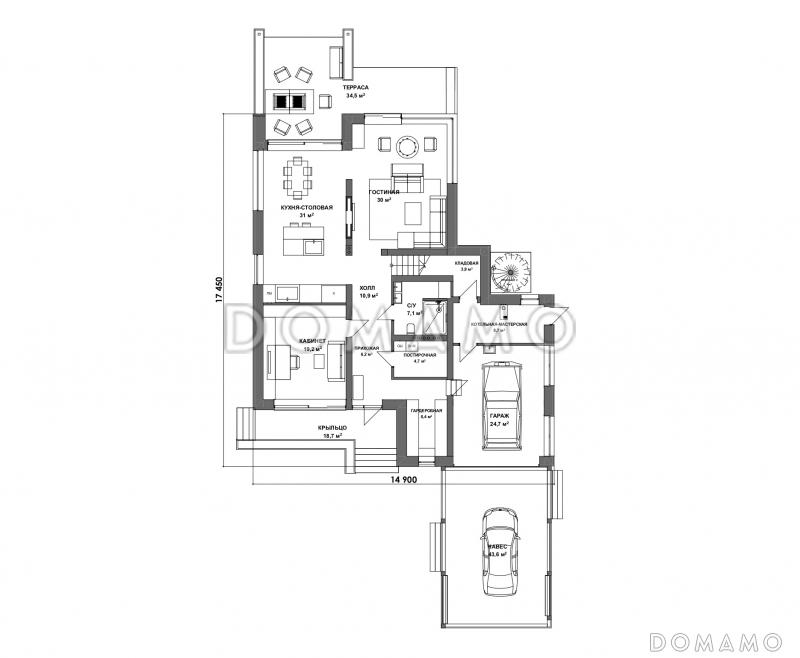 Проект современного двухэтажного дома из газобетона с сауной и балконом / План 1 этажа