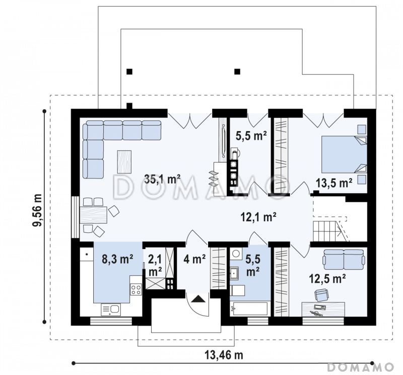 Проект одноэтажного мансардного дома из кирпича классической формы и планировки, с пятью комнатами / План 1 этажа