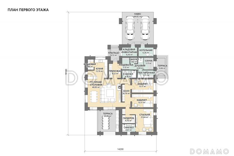 Проект каркасного дома с террасой барбекю и навесом для двух машин / План 1 этажа
