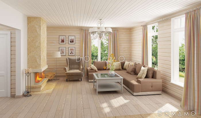 Проект одноэтажного каркасного дома с камином