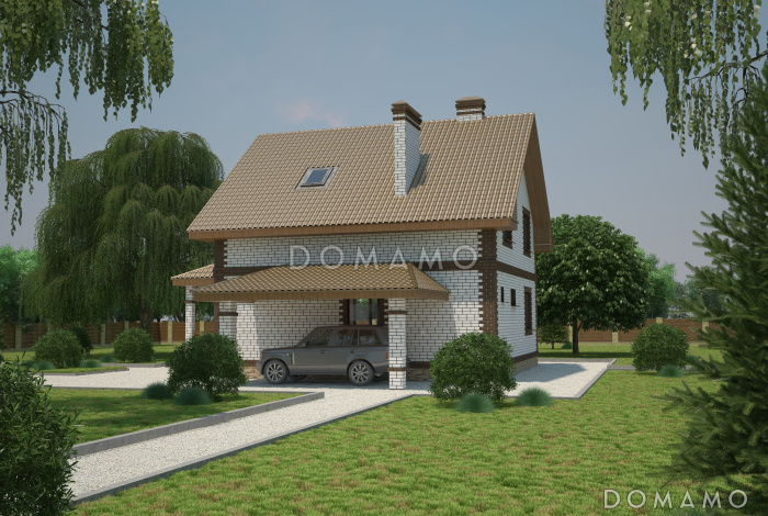 Проект компактного коттеджа с мансардным этажом и навесом под автомобиль, с наличием сауны Проект компактного коттеджа с мансардным этажом и навесом под автомобиль, с наличием сауны