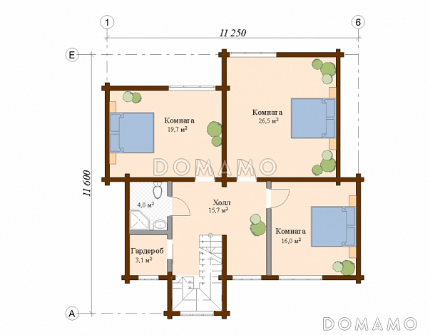 Проект двухэтажного дома из клееного бруса с навесом для авто / План мансардного этажа Проект двухэтажного дома из клееного бруса с навесом для авто / План мансардного этажа