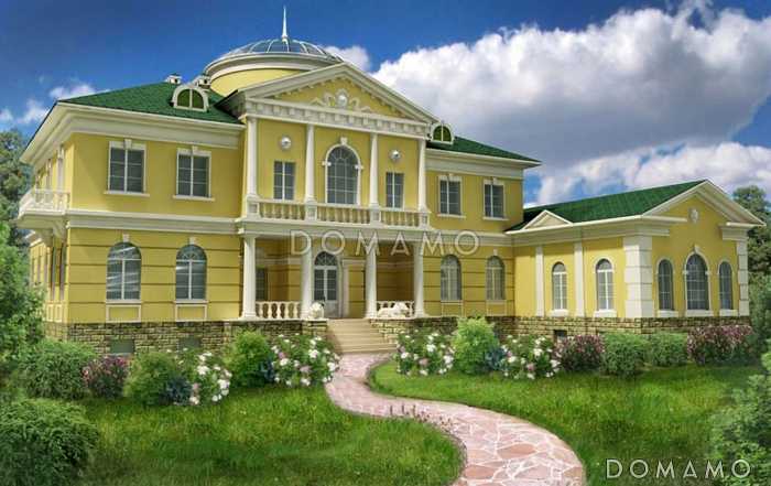 Проект двухэтажного особняка со львами у парадного входа