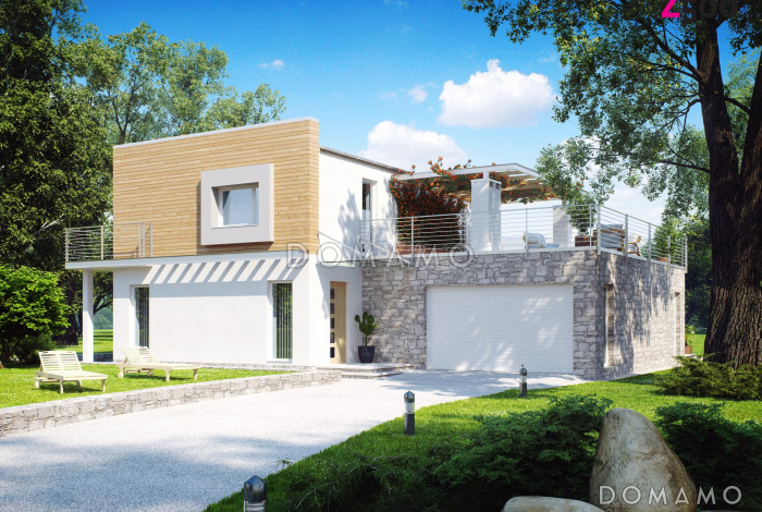 Проект современного двухэтажного дома с плоской крышей из кирпича с четырьмя спальнями, гаражом и просторной террасой над ним Проект современного двухэтажного дома с плоской крышей из кирпича с четырьмя спальнями, гаражом и просторной террасой над ним