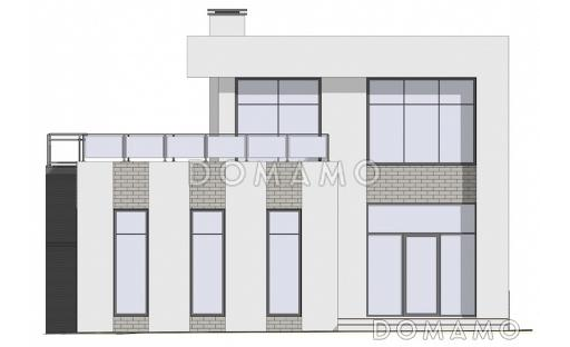 Проект двухэтажного дома из газобетона в стиле хай-тек со встроенным гаражом и открытой террасой на втором этаже / Фасад 3