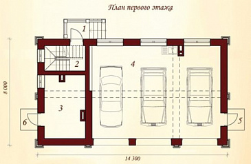 Проект гаража для трех автомобилей с жилыми комнатами на втором этаже / План 1 этажа Проект гаража для трех автомобилей с жилыми комнатами на втором этаже / План 1 этажа