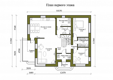 Проект двухэтажного дома из керамических блоков с двускатной крышей с подвалом, террасой и балконом / План 1 этажа Проект двухэтажного дома из керамических блоков с двускатной крышей с подвалом, террасой и балконом / План 1 этажа