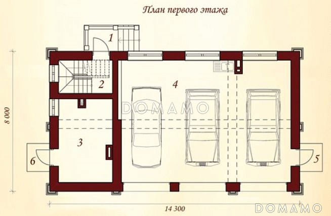 Проект гаража для трех автомобилей с жилыми комнатами на втором этаже / План 1 этажа Проект гаража для трех автомобилей с жилыми комнатами на втором этаже / План 1 этажа