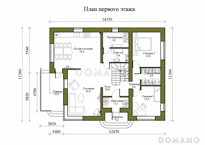 Проект двухэтажного дома из керамических блоков с двускатной крышей с подвалом, террасой и балконом / План 1 этажа Проект двухэтажного дома из керамических блоков с двускатной крышей с подвалом, террасой и балконом / План 1 этажа