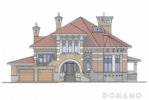 Проект коттеджа с двусветной гостиной, террасой и гаражом на 2 а/м / Фасад 1 Проект коттеджа с двусветной гостиной, террасой и гаражом на 2 а/м / Фасад 1