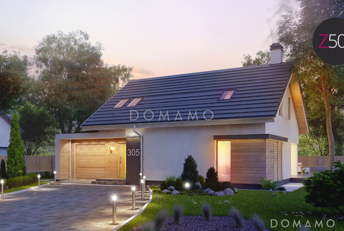 Проект одноэтажного мансардного дома из кирпича с тремя спальнями и пристроенным гаражом