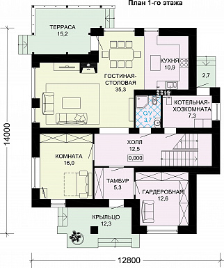 Проект двухэтажного дома из газобетона с крытой террасой, просторной гостиной с камином / План 1 этажа Проект двухэтажного дома из газобетона с крытой террасой, просторной гостиной с камином / План 1 этажа