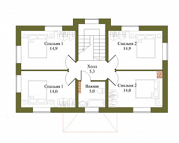 Проект компактного двухэтажного коттеджа по технологии ЛСТК с пятью спальнями / План 2 этажа Проект компактного двухэтажного коттеджа по технологии ЛСТК с пятью спальнями / План 2 этажа