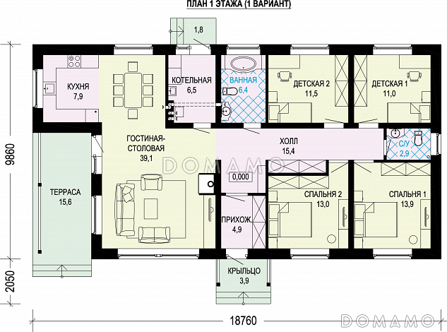 Проект одноэтажного газобетонного дома с четырьмя спальнями / План 1 этажа Проект одноэтажного газобетонного дома с четырьмя спальнями / План 1 этажа