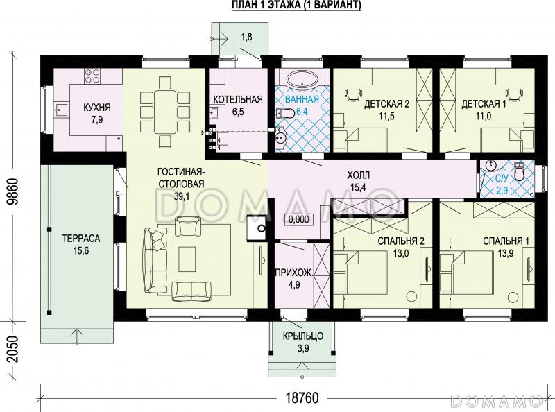 Проект одноэтажного газобетонного дома с четырьмя спальнями / План 1 этажа