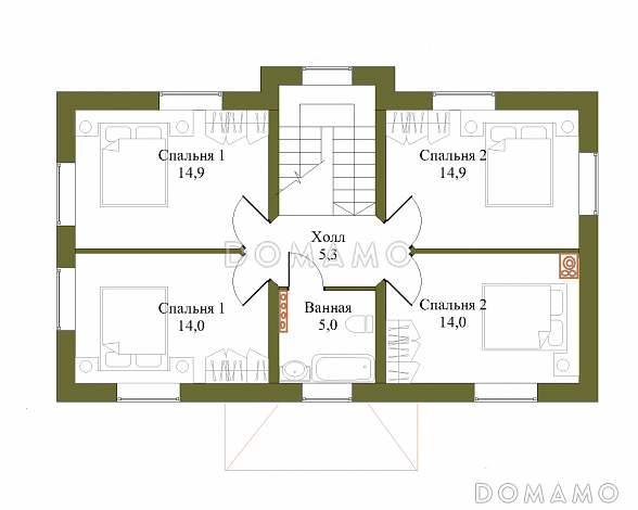 Проект компактного двухэтажного коттеджа по технологии ЛСТК с пятью спальнями / План 2 этажа Проект компактного двухэтажного коттеджа по технологии ЛСТК с пятью спальнями / План 2 этажа