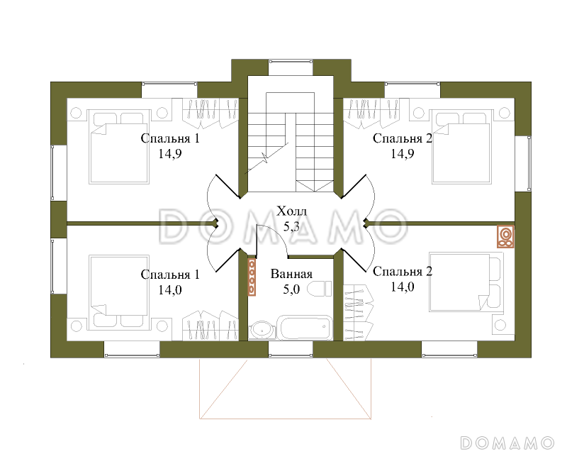 Проект компактного двухэтажного коттеджа по технологии ЛСТК с пятью спальнями / План 2 этажа