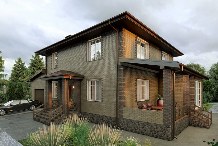 Проект двухэтажного дома из газобетона с пристроенным гаражом и верандой