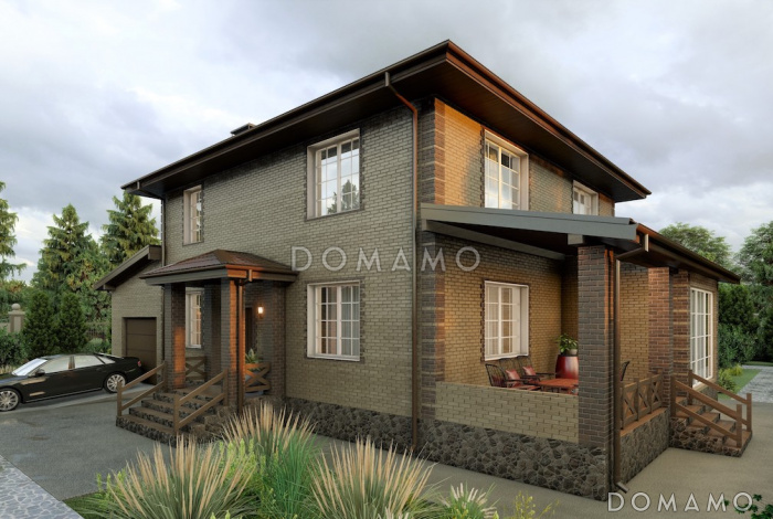 Проект двухэтажного дома из газобетона с пристроенным гаражом и верандой Проект двухэтажного дома из газобетона с пристроенным гаражом и верандой