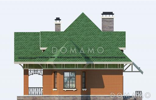 Проект дома из пеноблоков с отделкой из кирпича и зеленой шатровой крышей / Фасад 2