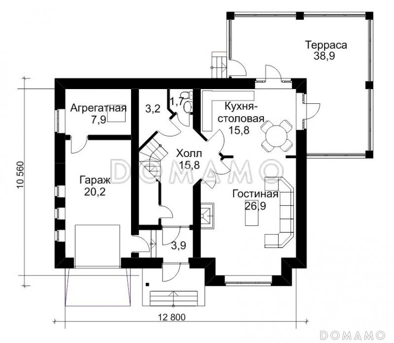 Проект коттеджа с большой крытой верандой / План 1 этажа
