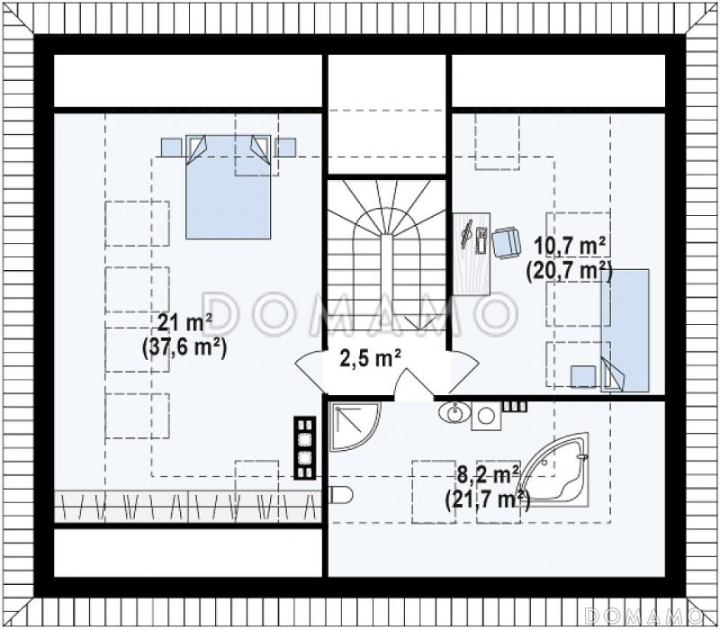 Проект одноэтажного дома из кирпича с тремя спальнями и небольшой крытой угловой террасой, с жилой мансардой / План мансардного этажа