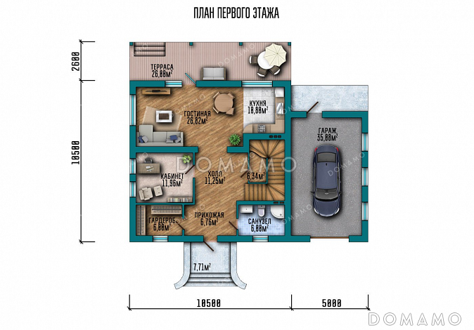 Проект двухэтажного дома с террасой и балконом / План 1 этажа