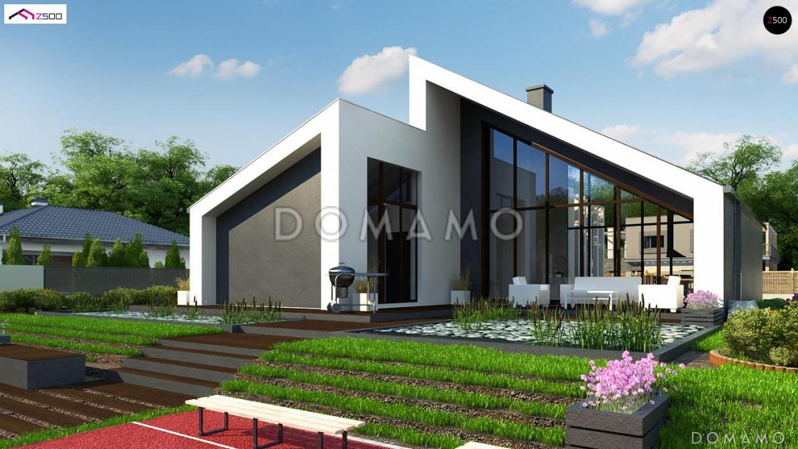 Проект современного одноэтажного дома из кирпича с тремя спальнями и просторной гостиной с панорамным остеклением / 1