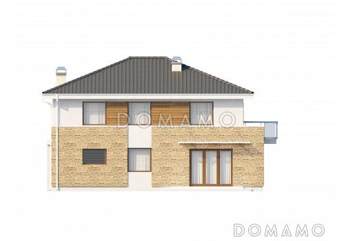 Проект современного двухэтажного дома из кирпича с четырьмя спальнями, балконом и встроенным гаражом / Фасад 3