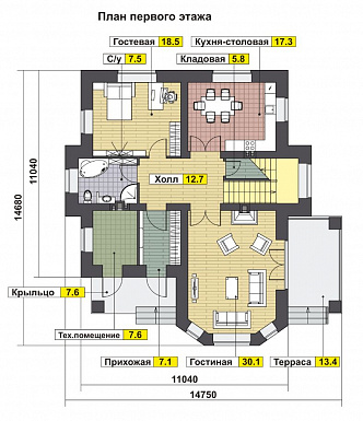 Проект солидного загородного дома с вторым светом и витражным остеклением / План 1 этажа Проект солидного загородного дома с вторым светом и витражным остеклением / План 1 этажа