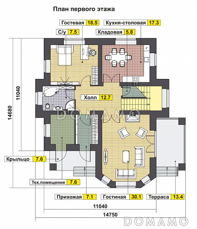 Проект солидного загородного дома с вторым светом и витражным остеклением / План 1 этажа Проект солидного загородного дома с вторым светом и витражным остеклением / План 1 этажа
