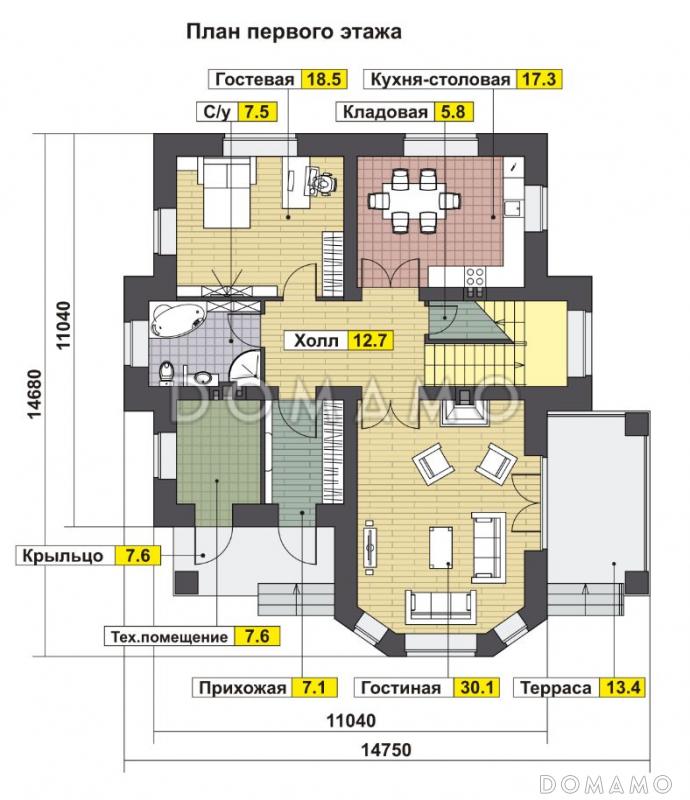 Проект солидного загородного дома с вторым светом и витражным остеклением / План 1 этажа