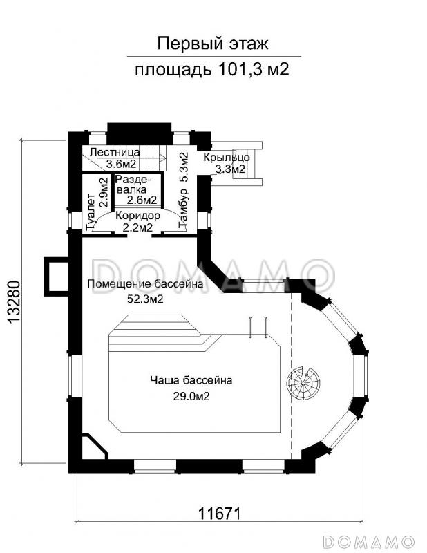 Проект бассейна под шатровой кровлей, с подвалом и тренажерной в мансарде / План 1 этажа
