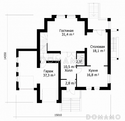 Проект дома из кирпича со сложной формой кровли / План 1 этажа Проект дома из кирпича со сложной формой кровли / План 1 этажа