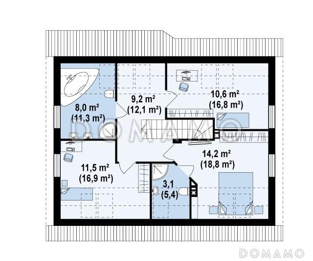 Проект одноэтажного мансардного дома из кирпича с тремя комнатами и кабинетом / План мансардного этажа