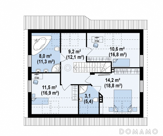 Проект одноэтажного мансардного дома из кирпича с тремя комнатами и кабинетом / План мансардного этажа Проект одноэтажного мансардного дома из кирпича с тремя комнатами и кабинетом / План мансардного этажа