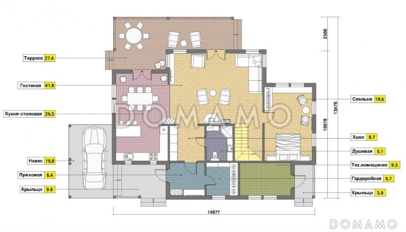 Проект каркасного дома с навесом для одной машины и двумя спальнями на мансардном этаже / План 1 этажа