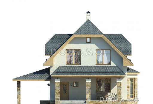 Проект дома из пеноблоков с мансардой и навесом для автомобиля / Фасад 1