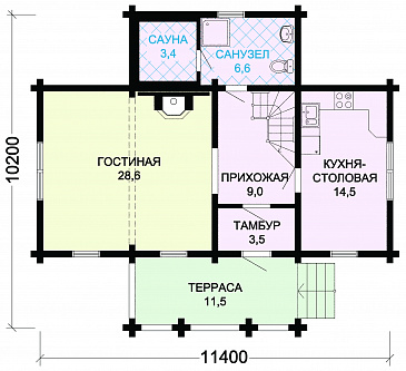 Проект небольшого дома из оцилиндрованного бревна с сауной / План 1 этажа Проект небольшого дома из оцилиндрованного бревна с сауной / План 1 этажа